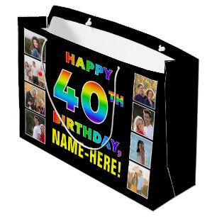 40th Birthday: Rainbow Text, Custom Photos & Name Large Gift Bag