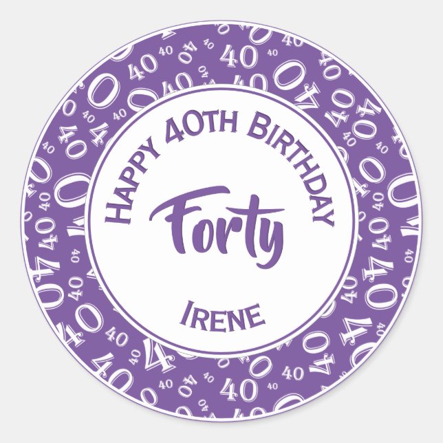 40th Birthday  Random Number 40 Pattern Purple Classic Round Sticker (Front)