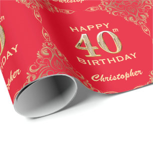 40th Birthday Red and Gold Glitter Frame Wrapping Paper