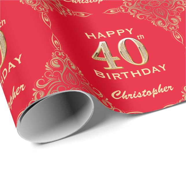 40th Birthday Red and Gold Glitter Frame Wrapping Paper (Roll Corner)