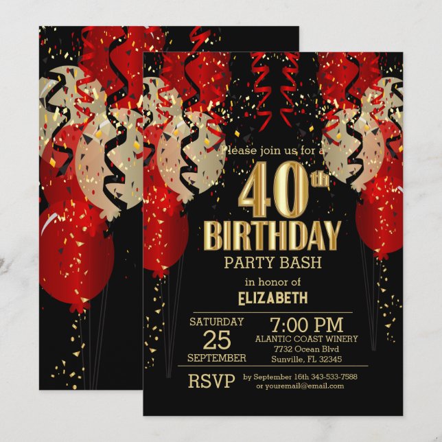 40th Birthday - Red Balloons  Invitation (Front/Back)