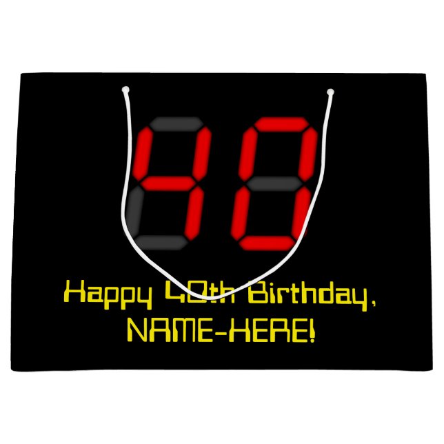 40th Birthday: Red Digital Clock Style "40" + Name Large Gift Bag (Front)