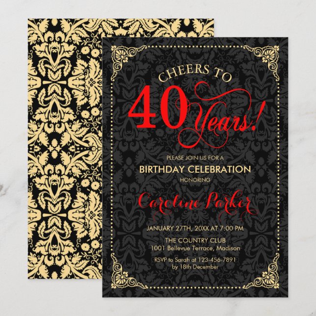 40th Birthday - Red Gold Black Damask Invitation (Front/Back)