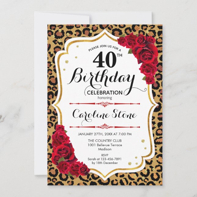 40th Birthday - Red Gold Leopard Print Invitation (Front)