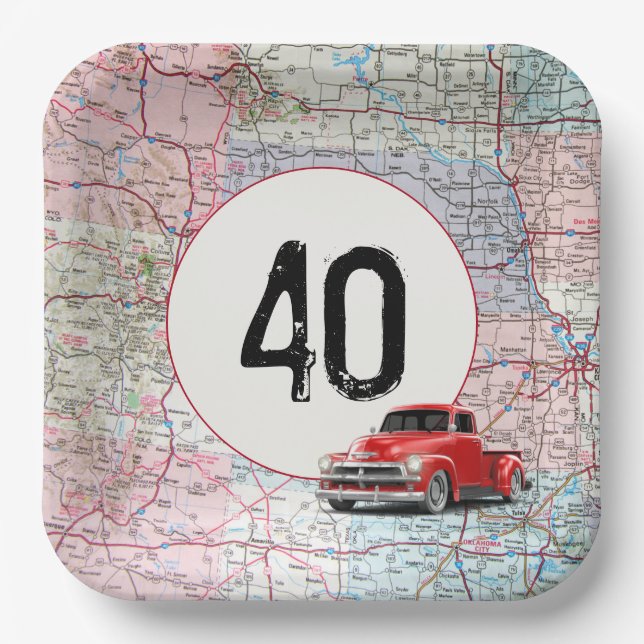 40th Birthday Red Retro Truck on Road Map Paper Plate (Front)