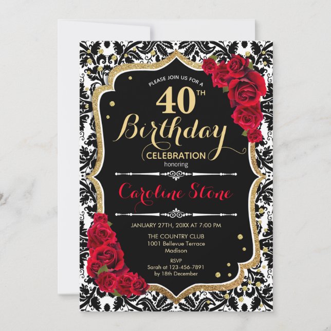 40th Birthday - Red Roses Gold Black Damask Invitation (Front)