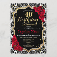 40th Birthday - Red Roses Gold Black Damask
