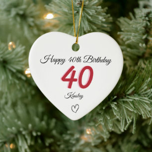 40th Birthday Red Shadow Monogram heart Ceramic Tree Decoration