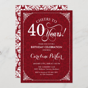40th Birthday - Red White Damask Invitation
