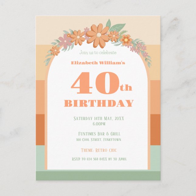 40th Birthday retro florals invitation  Postcard (Front)