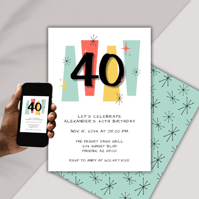 40th Birthday Retro Midcentury Modern Colourful Invitation (Creator Uploaded)