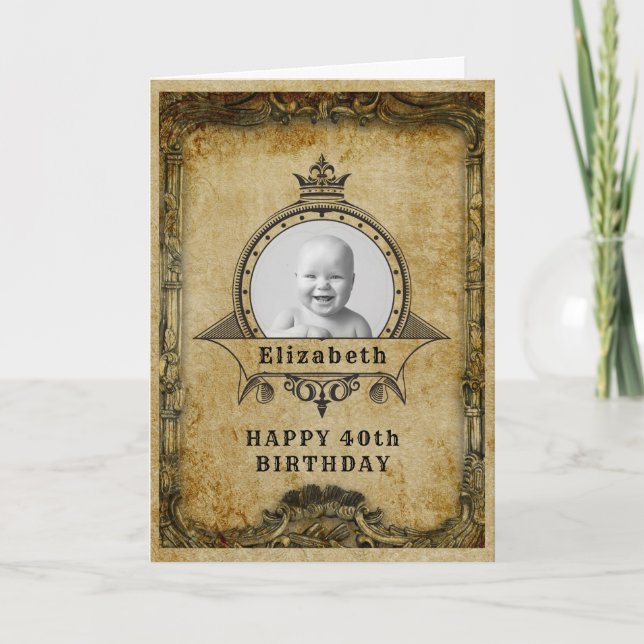 40th Birthday Retro Vintage Monogram Photo Adult Card (Front)