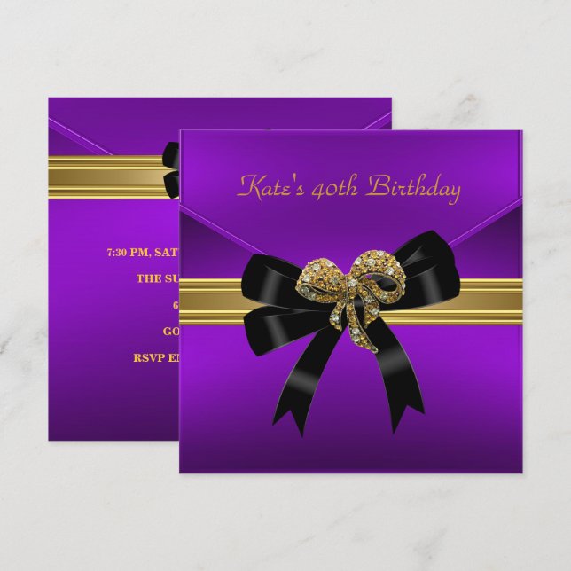 40th Birthday Rich Royal Black Purple Gold Jewel Invitation (Front/Back)