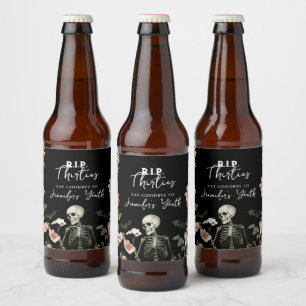 40th Birthday RIP Skeleton Pink Floral Party Beer Bottle Label