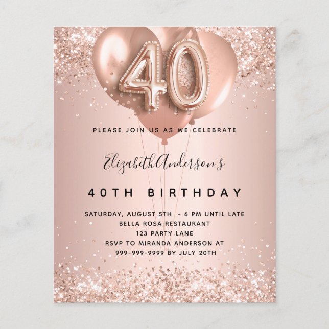 40th birthday rose gold balloons budget invitation flyer (Front)
