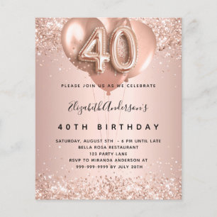 40th birthday rose gold balloons budget invitation flyer