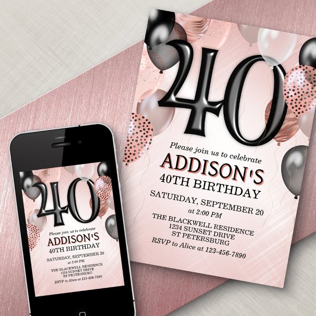 40th Birthday Rose Gold Balloons Invitation (Creator Uploaded)