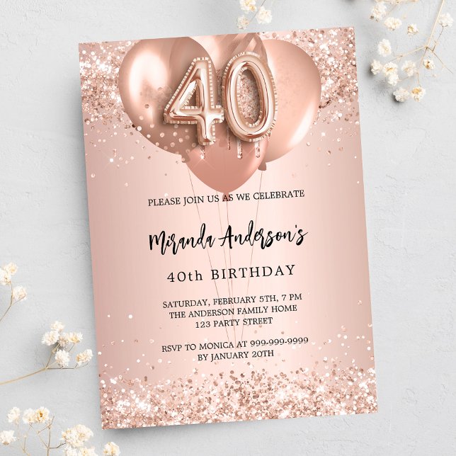 40th birthday rose gold balloons invitation postcard (Creator Uploaded)