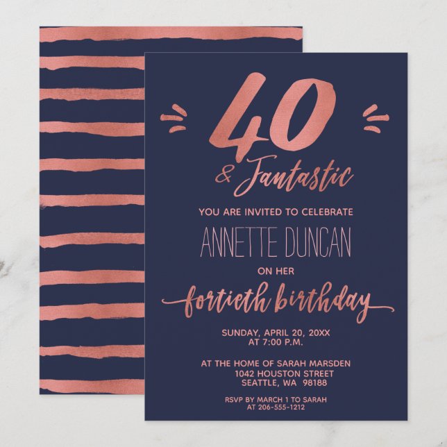 40th Birthday Rose Gold Blue Trendy Party Invitation (Front/Back)