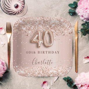 40th birthday rose gold blush glitter name paper plate