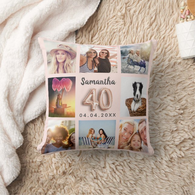 40th birthday rose gold blush photo collage cushion (Blanket)