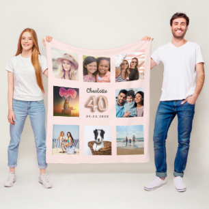 40th birthday rose gold blush photo collage name fleece blanket