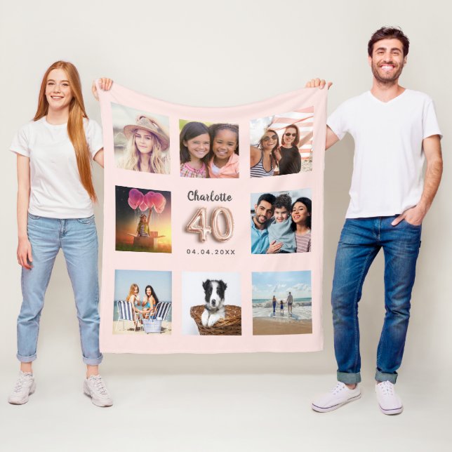 40th birthday rose gold blush photo collage name fleece blanket (In Situ)