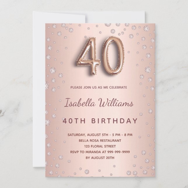 40th birthday rose gold diamonds invitation (Front)