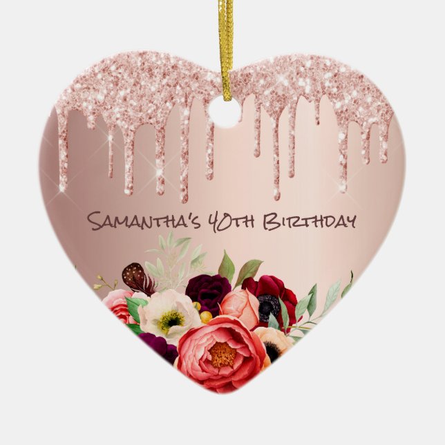 40th birthday rose gold drips pink flowers ceramic tree decoration (Front)