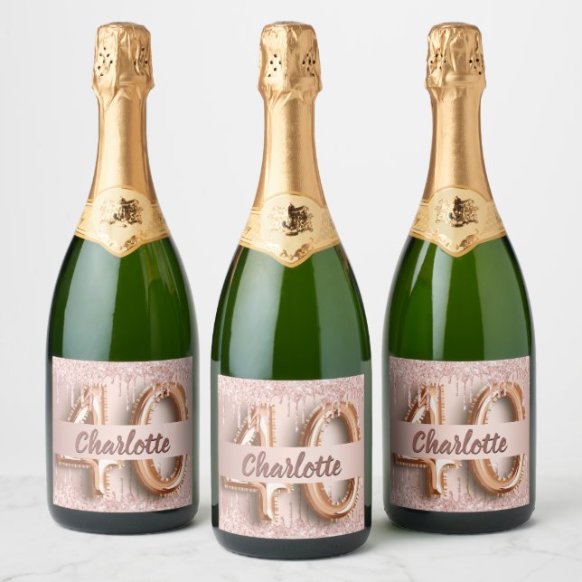 40th birthday rose gold glitter monogram luxury sparkling wine label (Bottles)