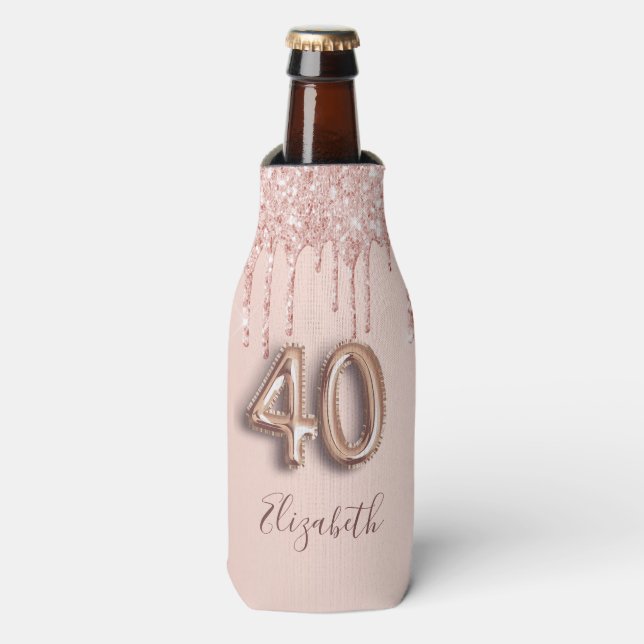 40th birthday rose gold glitter name script bottle cooler (Bottle Front)
