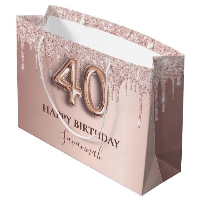 40th birthday rose gold glitter pink balloon style large gift bag (Back Angled)