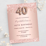 40th birthday rose gold glitter pink invitation postcard<br><div class="desc">A modern, stylish and glamourous invitation for a 40th birthday party. A faux rose gold metallic looking background with an elegant faux rose gold glitter drip, paint drip look. The name is written with a modern dark rose gold coloured hand lettered style script. Personalise and add your party details. Number...</div>