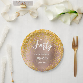40th Birthday Rose Gold Glitter Sparkle Name Paper Plate