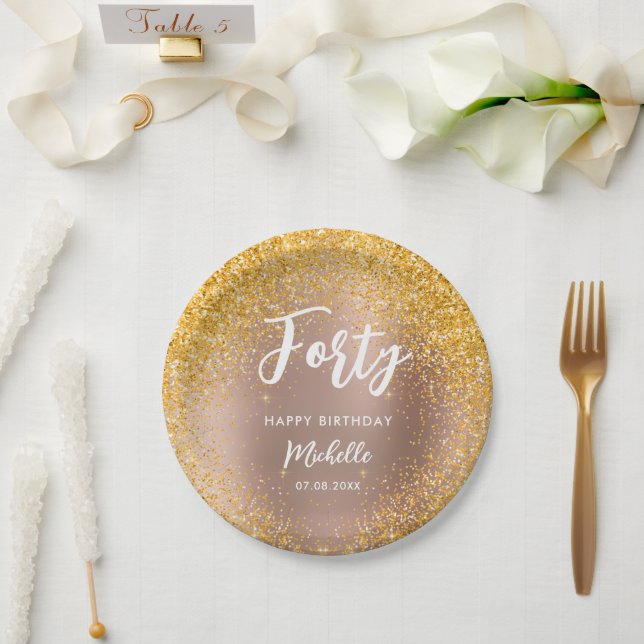 40th Birthday Rose Gold Glitter Sparkle Name Paper Plate (Wedding)