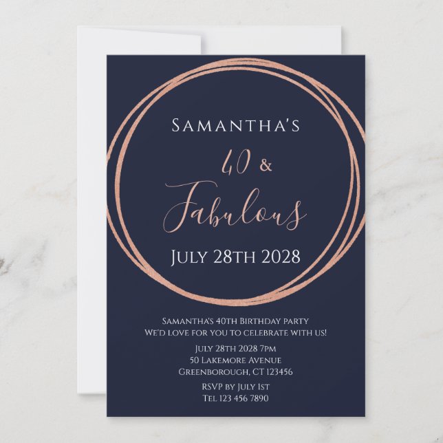 40th Birthday Rose Gold Navy Birthday Invitation (Front)