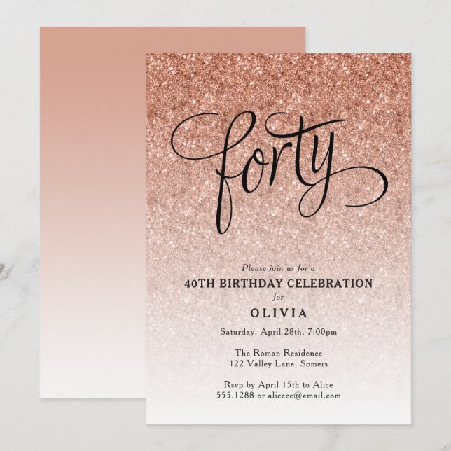 40th Birthday Rose Gold Ombre Glitter Invitation (Front/Back)