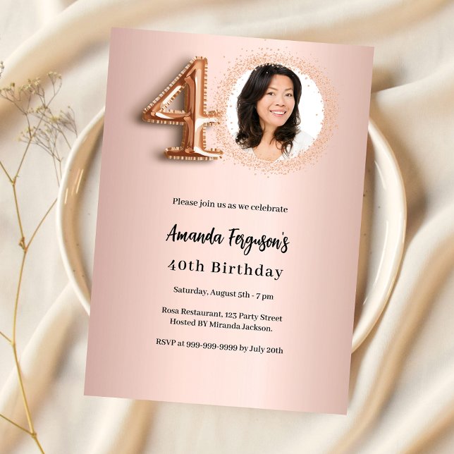 40th Birthday rose gold photo Invitation (Creator Uploaded)