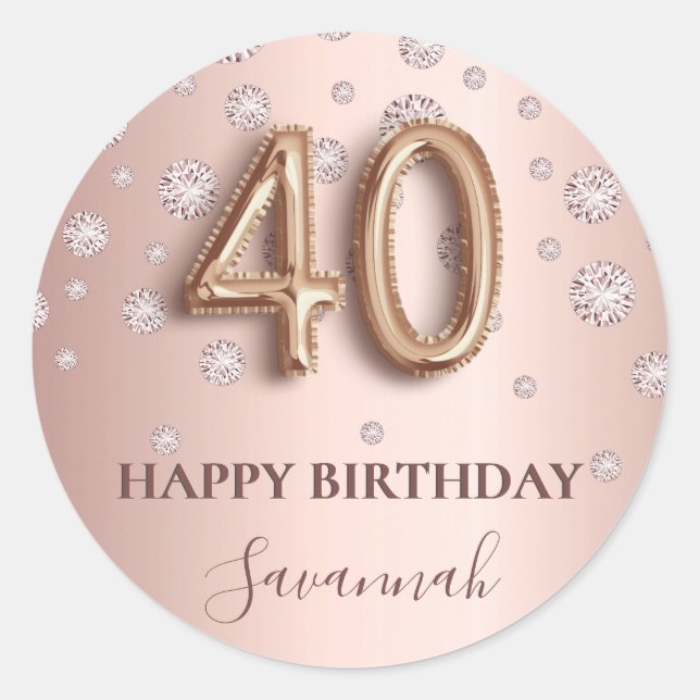 40th birthday rose gold pink diamonds balloon font classic round sticker (Front)