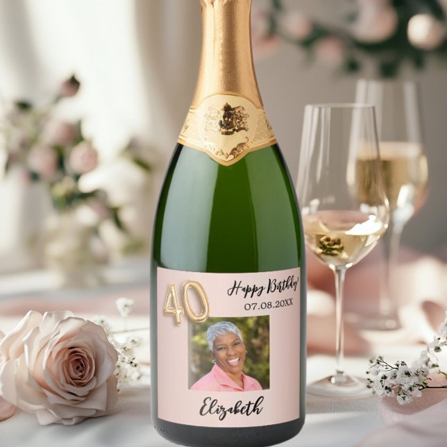 40th Birthday rose gold pink photo Sparkling Wine Label (Creator Uploaded)