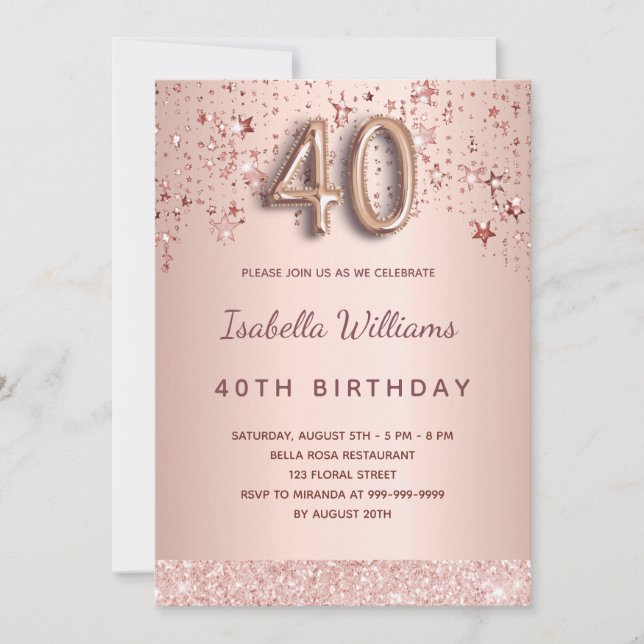 40th birthday rose gold pink stars balloon script invitation (Front)