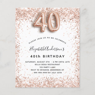 40th birthday rose gold white budget invitation flyer