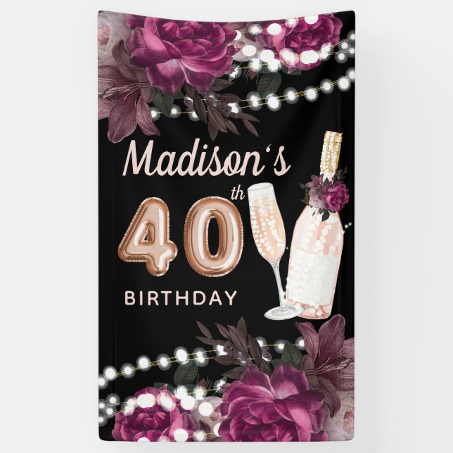 40th Birthday Rose Wine Luxury Banner (Vertical)
