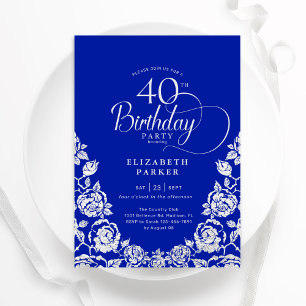 40th Birthday Royal Blue Silver Roses Invitation