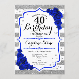 40th Birthday - Royal Blue Silver White Stripes Invitation