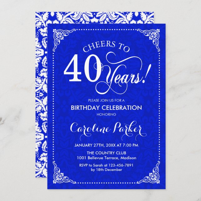 40th Birthday - Royal Blue White Damask Invitation (Front/Back)