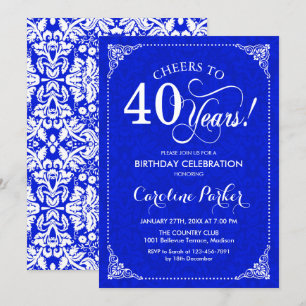 40th Birthday - Royal Blue White Damask Invitation