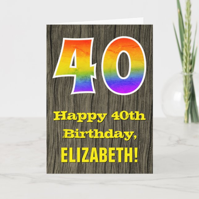 40th Birthday: Rustic Faux Wood Look, Rainbow "40" Card (Front)