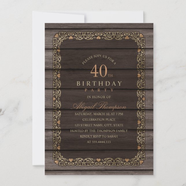 40th Birthday Rustic Wood Fancy Country Party Invitation (Front)