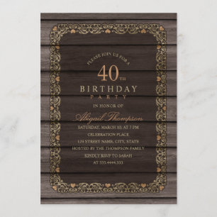 40th Birthday Rustic Wood Fancy Country Party Invitation